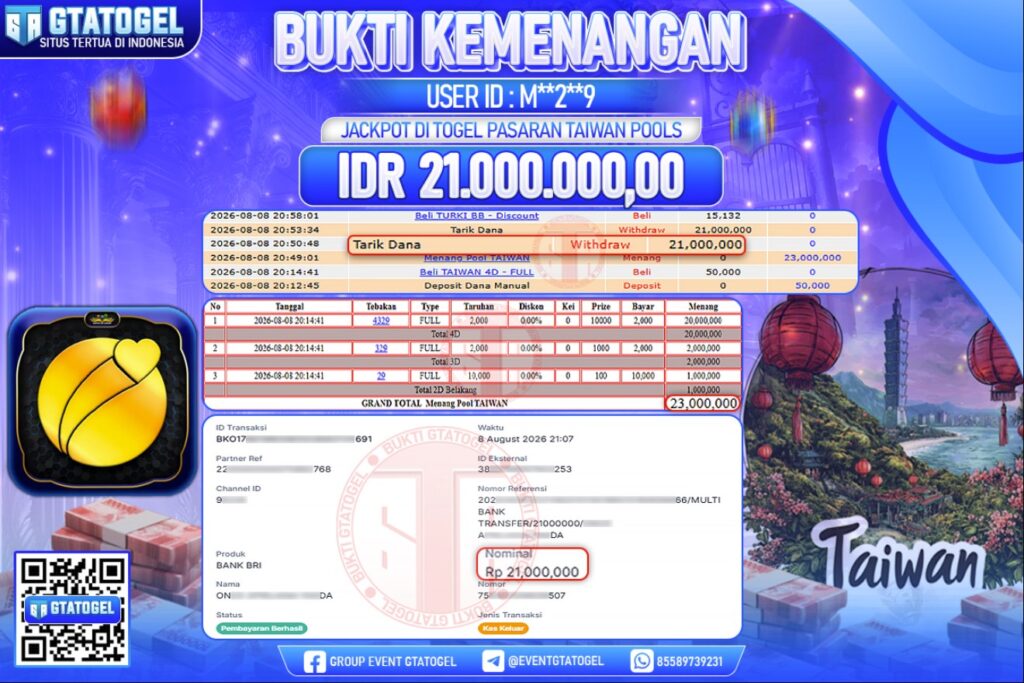BUKTI WITHDRAW GTATOGEL KEMENANGAN JACKPOT DI TOGEL PASARAN TAIWAN POOLS