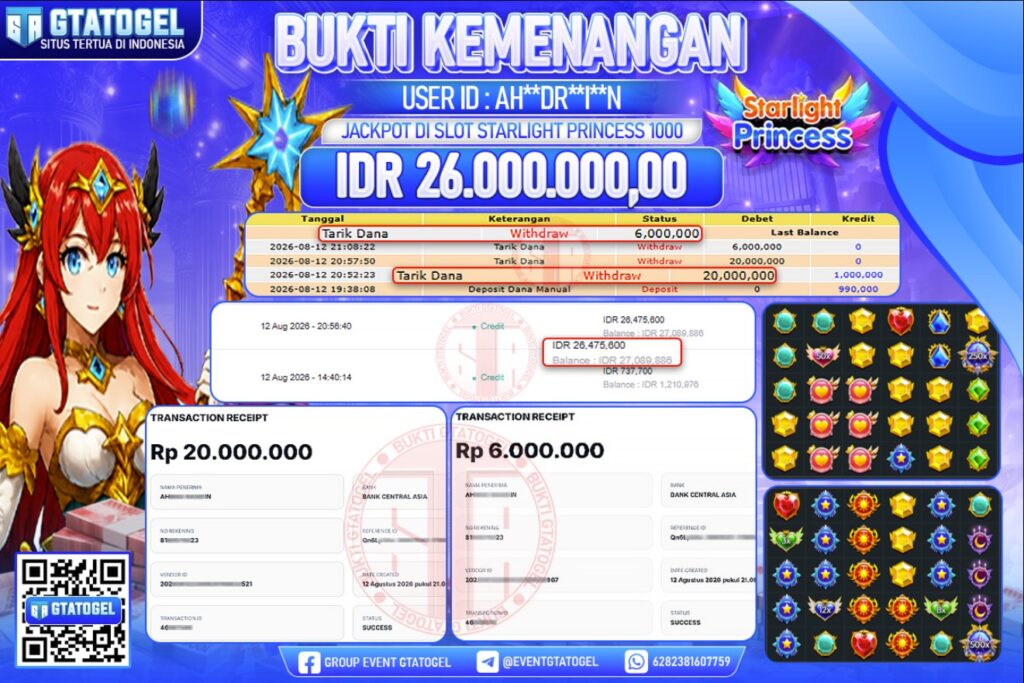 BUKTI WITHDRAW GTATOGEL KEMENANGAN JACKPOT DI SLOT STARLIGHT PRINCESS 1000