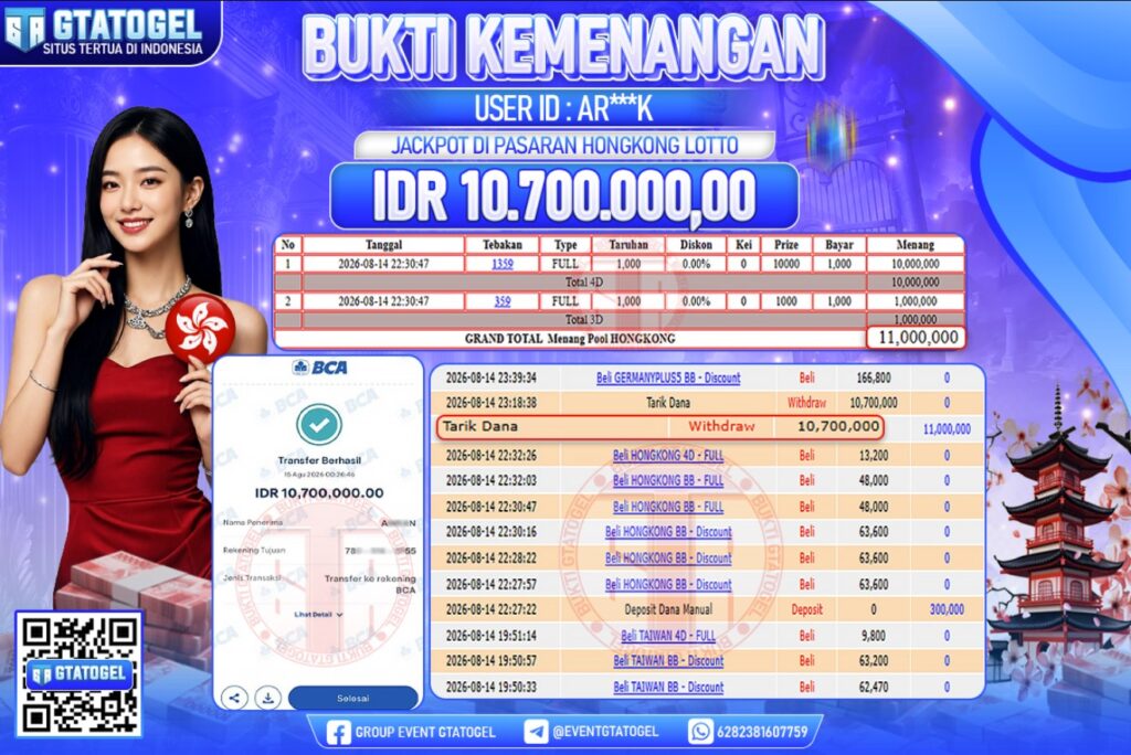 BUKTI WITHDRAW GTATOGEL KEMENANGAN JACKPOT DI TOGEL PASARAN HONGKONG LOTTO